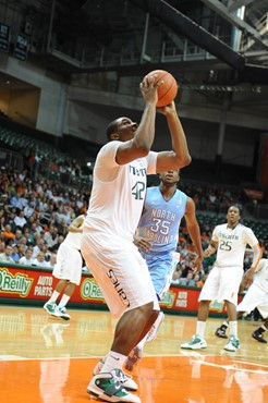 University of Miami Hurricanes center, Reggie Johnson #42 and the Canes play host to the North Carolina Tar Heels at the BankUnited Center on January...