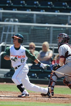 University of Miami second baseman, Michael Broad #8, plays in a game against VirginiaTech at Alex Rodriguez Park on March 13, 2011.  Photos by Steven...