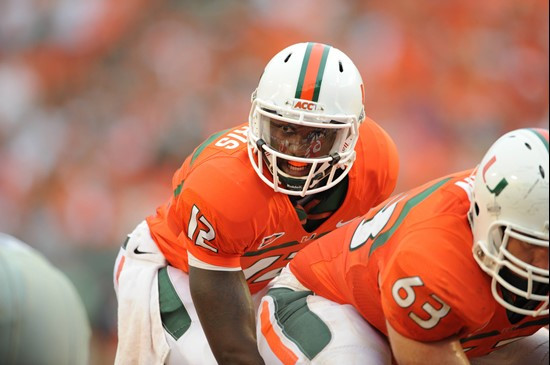 University of Miami Hurricanes quarterback Jacory Harris #12 will play his final game against the Boston College Eagles at Sun Life Stadium on...