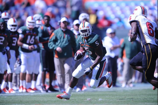 University of Miami Hurricanes running back Mike James #5 carries the ball against the Maryland Terrapins at Sun Life Stadium on November 6, 2010. ...