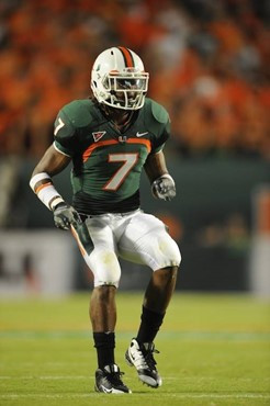 University of Miami Hurricanes defensive back Vaughn Telemaque #7 drops into coverage in a game against the Florida A&M Rattlers at Land Shark Stadium...