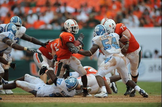 University of Miami Hurricanes running back Graig Cooper #2 rushed for 113 yards and had 1 receiving touchdown in a game against the North Carolina...