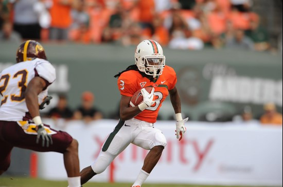 University of Miami Hurricanes wide receiver Travis Benjamin #3 plays in a game against the Bethune Cookman Wildcats at Sun Life Stadium on October 1,...