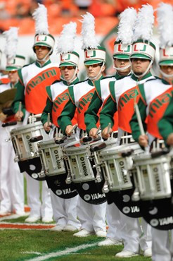 The University of Miami Band of the Hour performs for fans in a game against the University of South Florida Bulls at Sun Life Stadium on November 27,...