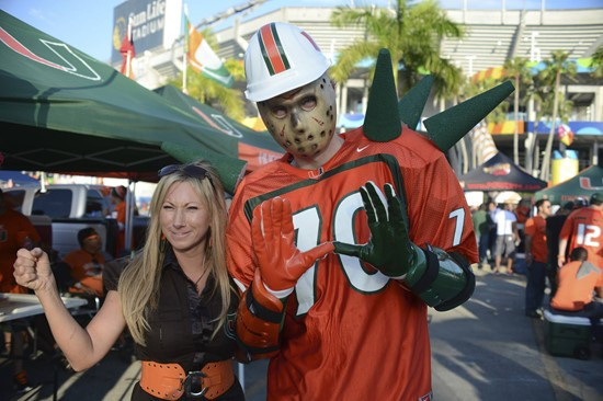 University of Miami Hurricane Fans tailgate at SunLife Stadium before a game against the Virginia Tech Hokies at Sun Life Stadium on November 1, 2012....