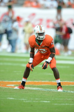 University of Miami Hurricanes defensive back Ladarius Gunter #37 had 4 tackles in a game against the #12 ranked University of Florida Gators at Sun...