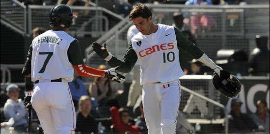 Senior Alex San Juan and junior Alex Hernandez celebrate one of seven Hurricanes runs on the day. Miami swept the visiting Scarlet Knights with three...
