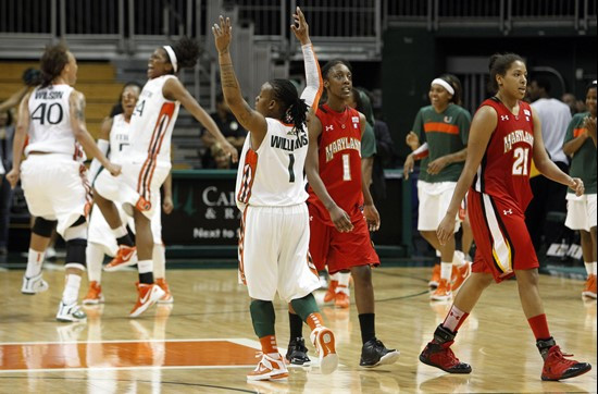 Miami's Riquna Williams (1) reacts after Miami defeated Maryland 75-63. (AP Photo/Lynne Sladky)