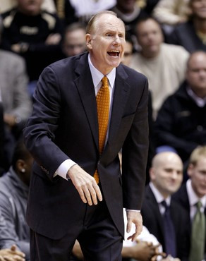 Miami head coach Jim Larranaga yells to his team in the second half. (AP Photo/Michael Conroy)
