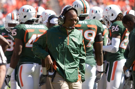 University of Miami Hurricanes head coach Randy Shannon on the sidelines in a game against the Maryland Terrapins at Sun Life Stadium on November 6,...