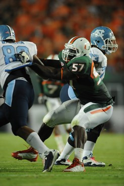 University of Miami Hurricanes defensive lineman Allen Bailey #57 plays in a game against the North Carolina Tar Heels at Sun Life Stadium on October...