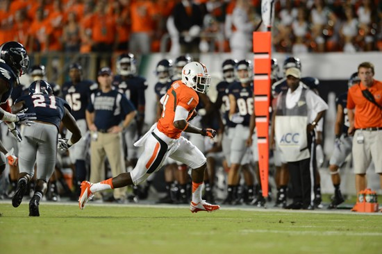 Wide receiver Allen Hurns #1 and the University of Miami Hurricanes defeated the Florida Atlantic Owls at Sun Life Stadium by a final score of 34-6 on...