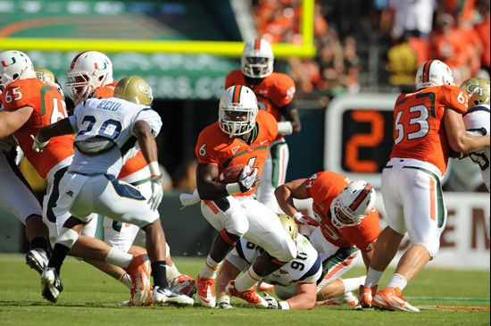 University of Miami Hurricanes running back Lamar Miller #6 catches a pass during pregame drills in a game against the Georgia Tech Yellow Jackets at...