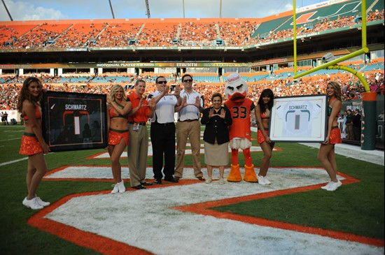University of Miami President Donna Shalala accepts a 5 million dollar gift to establish the Schwartz Center for Athletic Excellence during a game...