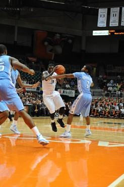 University of Miami Hurricanes guard, Malcolm Grant #3 and the Canes play host to the North Carolina Tar Heels at the BankUnited Center on January 26,...
