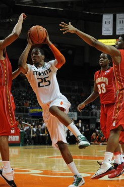University of Miami Hurricanes guard, Garrius Adams #25, shoots a free throw against the Maryland Terrapins at the BankUnited Center on March 2, 2011....