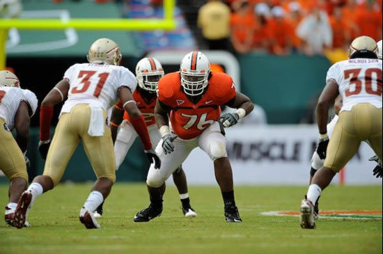 University of Miami Hurricanes Chris Rutledge #76 gets set to block against The Florida State Seminoles at Dolphin Stadium on October 4, 2008.   ...