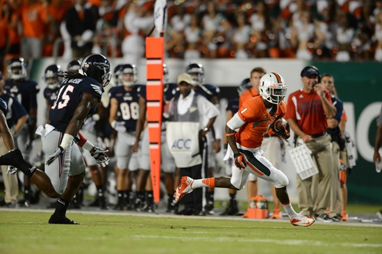 Wide receiver Allen Hurns #1 and the University of Miami Hurricanes defeated the Florida Atlantic Owls at Sun Life Stadium by a final score of 34-6 on...