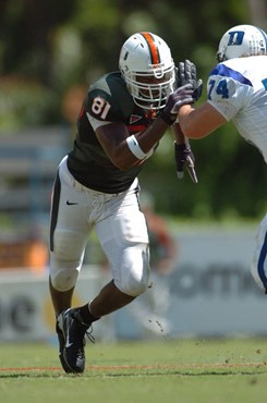 University of Miami defensive end Calais Campbell #81 had 5 solo tackles, 3 assist and 2 forced fumbles in a game against the Duke University Blue...