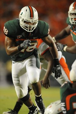 University of Miami Hurricanes defensive lineman Andrew Smith #48 plays in a game against the Florida A&M Rattlers at Land Shark Stadium on October...