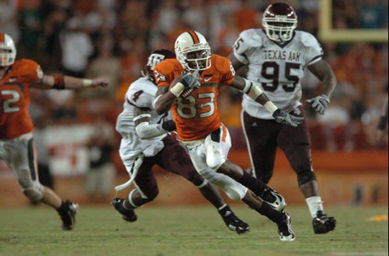 University of Miami wide receiver Sam Shields #83 catches a pass in a game against the Texas A&M Aggies at the Orange Bowl on September 20, 2007.  The...