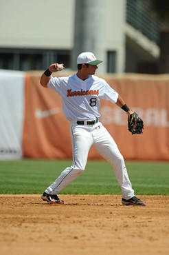University of Miami second baseman, Michael Broad #8, plays in a game against Georgia Tech at Alex Rodriguez Park on March 26, 2011.  Photos by Steven...