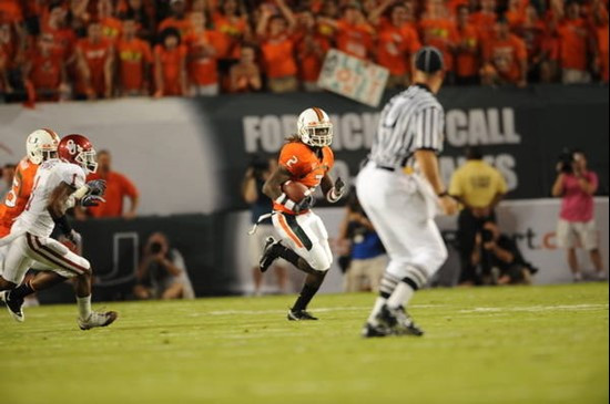 University of Miami Hurricanes running back Graig Cooper #2 plays in a game against the Oklahoma Sooners at Land Shark Stadium on October 3, 2009. ...