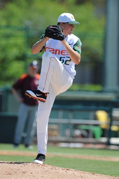 University of Miami Pitcher, Eric Whaley #52, starts in a game against VirginiaTech at Alex Rodriguez Park on March 13, 2011.  Photos by Steven...