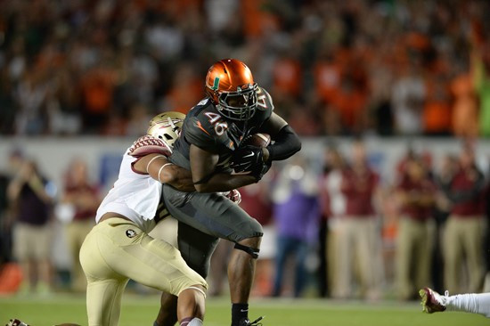 University of Miami Hurricanes tight end Clive Walford #46 plays in a game against the Florida State Seminoles at Sun Life Stadium on November 15,...