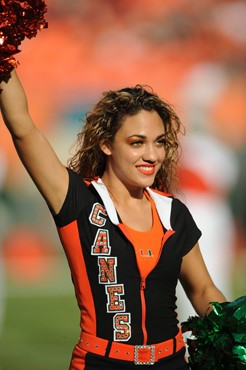 A University of Miami Cheerleader performs for fans in a game against the Virginia Tech Hokies at Sun Life Stadium on November 20, 2010.  Photo by...