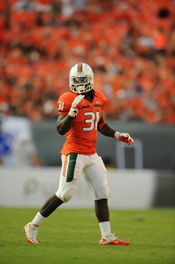 University of Miami Hurricanes linebacker Sean Spence #31 plays in a game against the Duke Blue Devils at Sun Life Stadium on November 5, 2011.  Photo...