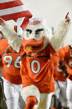 Sebastian the Ibis and the University of Miami Hurricanes play host to the Florida A&M Rattlers at Sun Life Stadium on September 6, 2014.  Photo by...