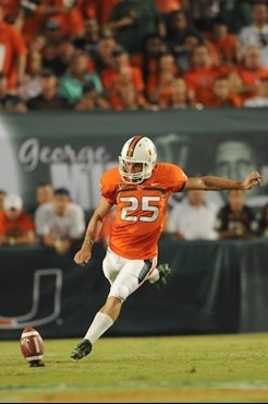 University of Miami Hurricanes kicker Matt Bosher #25 kicks in a game against the Florida A&amp;M Rattlers at Sun Life Stadium on September 2, 2010....