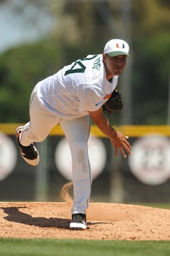 University of Miami Pitcher, E.J. Encinosa #44, starts in a game against Georgia Tech at Alex Rodriguez Park on March 26, 2011.  Photos by Steven...
