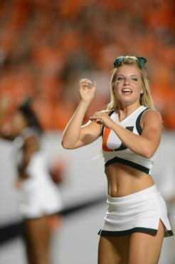 University of Miami Hurricane cheerleader?s show their team spirit in a game against the Florida Atlantic University Owls at Sun Life Stadium on...