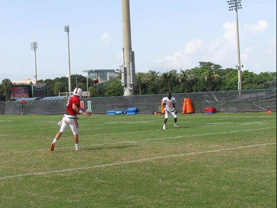 QB Spencer Whipple and WR LaRon Byrd stayed after practice to get in a few more reps.