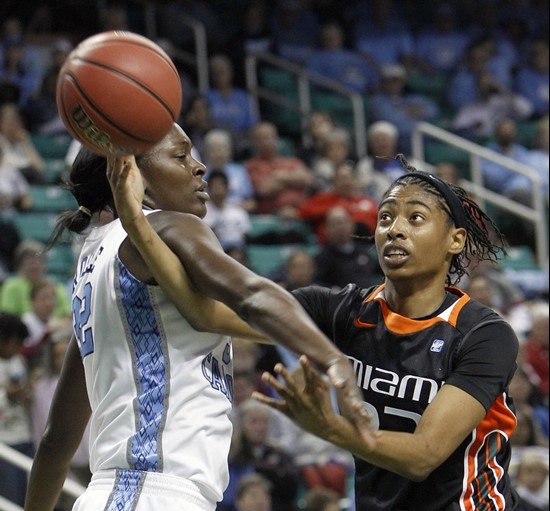 Miami's Morgan Stroman, right, tries to shoot as North Carolina's Waltiea Rolle defends in the first half of an NCAA college basketball game at the...