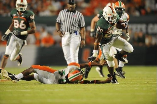 University of Miami Hurricanes running back Damien Berry #20 carries the ball against the Florida A&M Rattlers at Land Shark Stadium on October 10,...