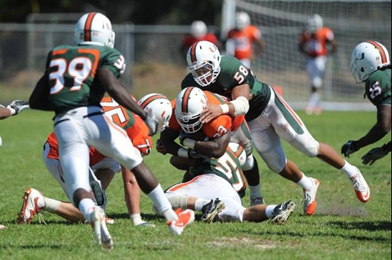 Maurice Hagens had some bruising runs during today's scrimmage - 2011 Miami Hurricanes Spring Football @ Spanish River High School