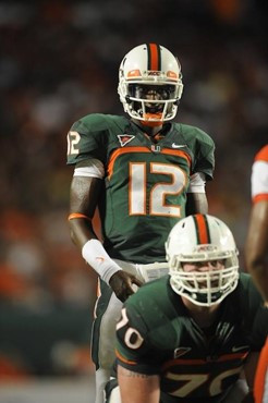 University of Miami Hurricanes quarterback Jacory Harris #12 plays in a game against the Florida A&M Rattlers at Land Shark Stadium on October 10,...