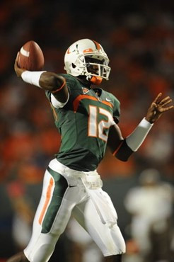 University of Miami Hurricanes quarterback Jacory Harris #12 plays in a game against the Florida A&M Rattlers at Land Shark Stadium on October 10,...