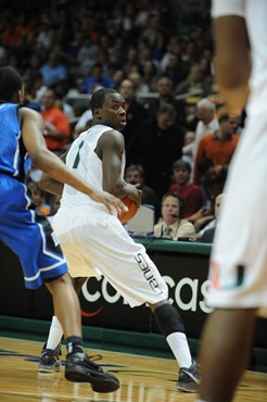 University of Miami Hurricanes guard, Durand Scott, #1, plays host to the Duke Blue Devils at the BankUnited Center on February 13, 2011.  Photo by...
