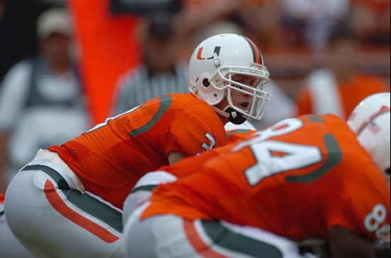 University of Miami quarterback Kyle Wright #3 gets set to take a snap in a game against the Georgia Tech Yellow Jackets at the Orange Bowl on October...