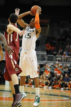 University of Miami Hurricanes guard, Garrius Adams #25, plays host to the Boston College Eagles at the BankUnited Center on January 15, 2011.  The...