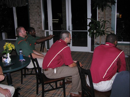 Jason Fox and Randy Phillips taking on Christian Ponder and Dekota Watson in NCAA 10 at the 2009 ACC Football Kickoff.