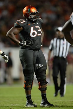 University of Miami Hurricanes offensive lineman Danny Isidora #63 plays in a game against the Florida State Seminoles at Sun Life Stadium on November...
