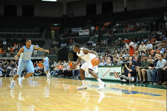 University of Miami Hurricanes guard, Durand Scott, #1 and the Canes play host to the North Carolina Tar Heels at the BankUnited Center on January 26,...