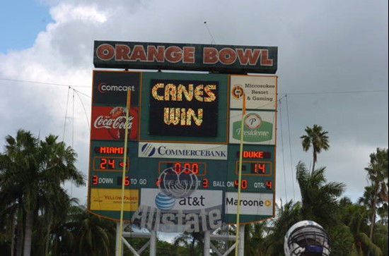 The score board at the Orange Bowl displays a final score of 24-14, &acirc;?oeCanes Win&acirc;?? against the Duke University Blue Devils on September...