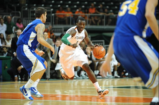 University of Miami Hurricanes guard, Durand Scott, #1, plays in a game against the Mcneese State Cowboys at the BankUnited Center on November 24,...