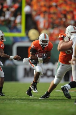 University of Miami Hurricanes running back Lee Chambers #32 plays in a game against the Virginia Cavaliers at Land Shark Stadium on November 7, 2009....